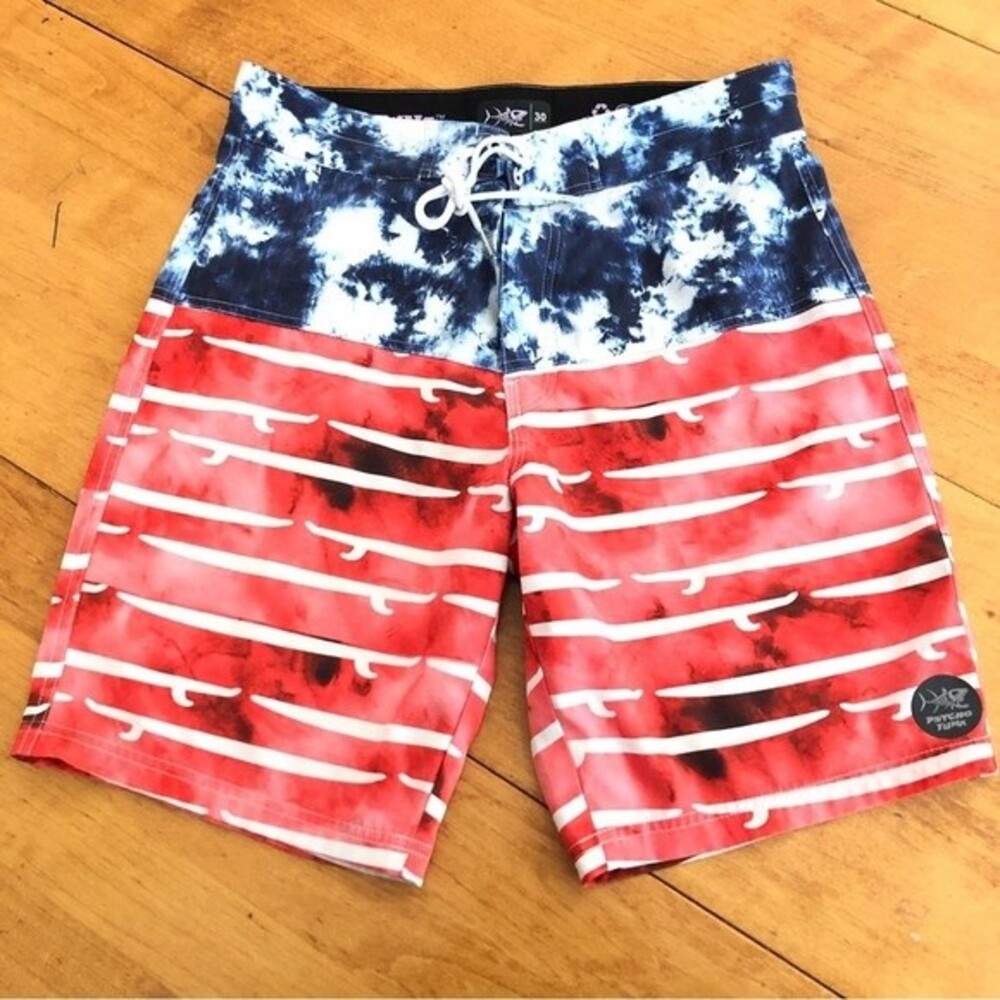 Psycho Tuna Board Shorts Men’s Size 30 USA Flag Tie-Dye 4-Way Stretch Surf Swim